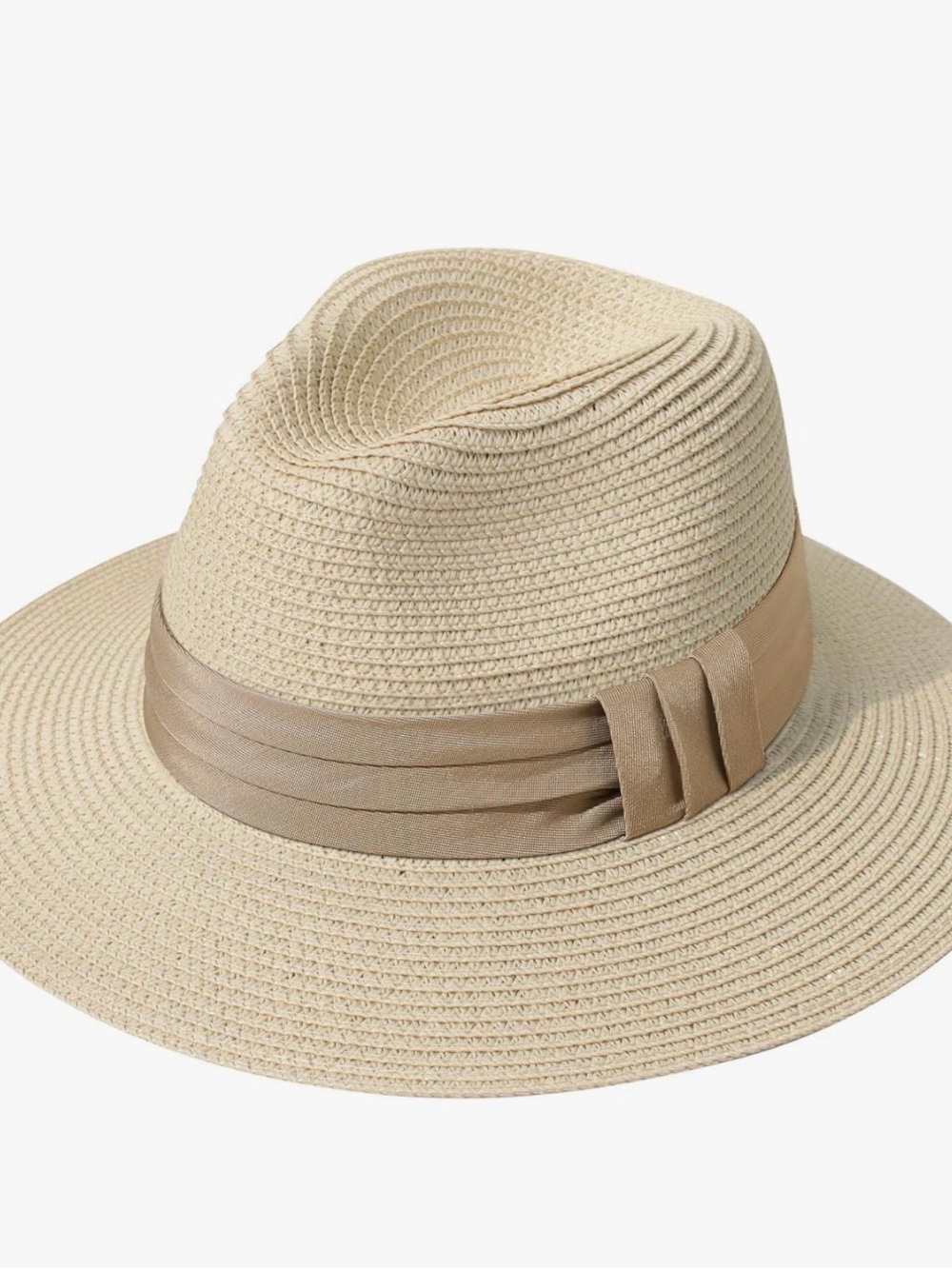 Wide Brim Straw Fedora Hat with Taupe Band - Women Accessories